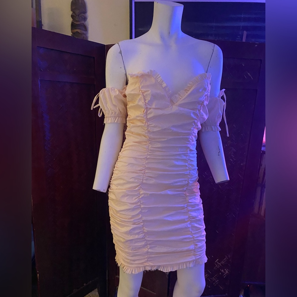 Ladies Coquette ruched Lolita mini beige ruffle cocktail dress quaint chic - Picture 9 of 12